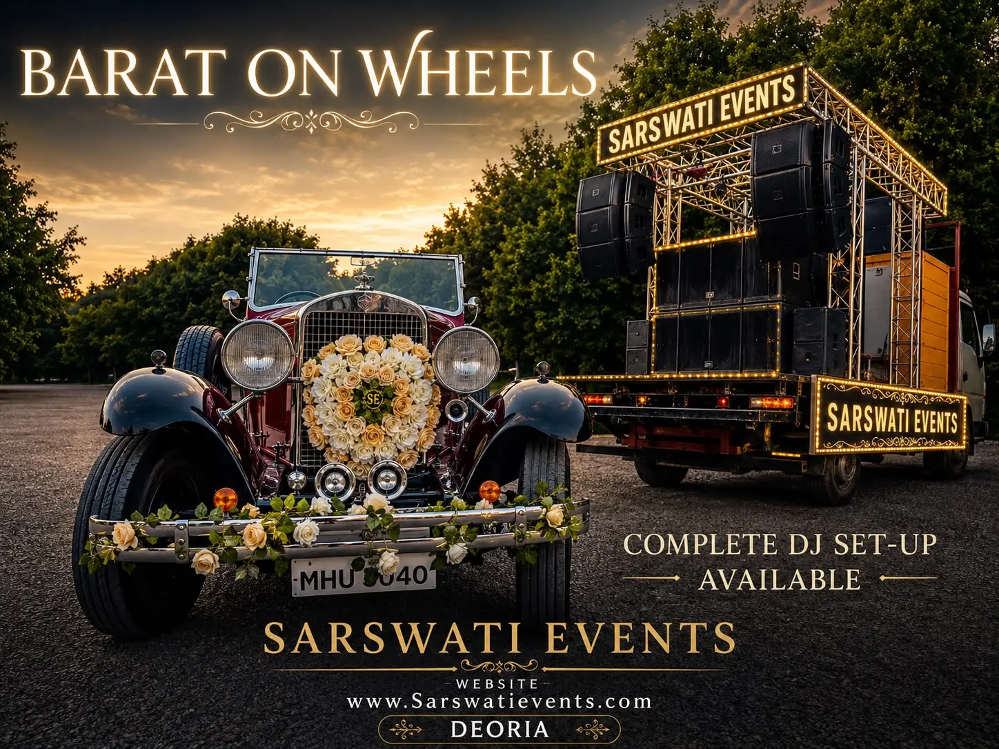 Fully-decorated Barat & DJ on Wheel in Padrauna & Kushinagar showcasing CO2 guns, dhol beats, and groom entry vibes.