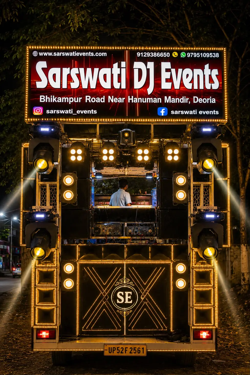 Barat & DJ on Wheel in Padrauna & Kushinagar with vibrant lights, LED screen, and full dance floor setup for wedding celebration.